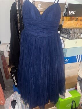 Giani Bernini Navy Blue Tulle Midi Dress with Spaghetti Straps